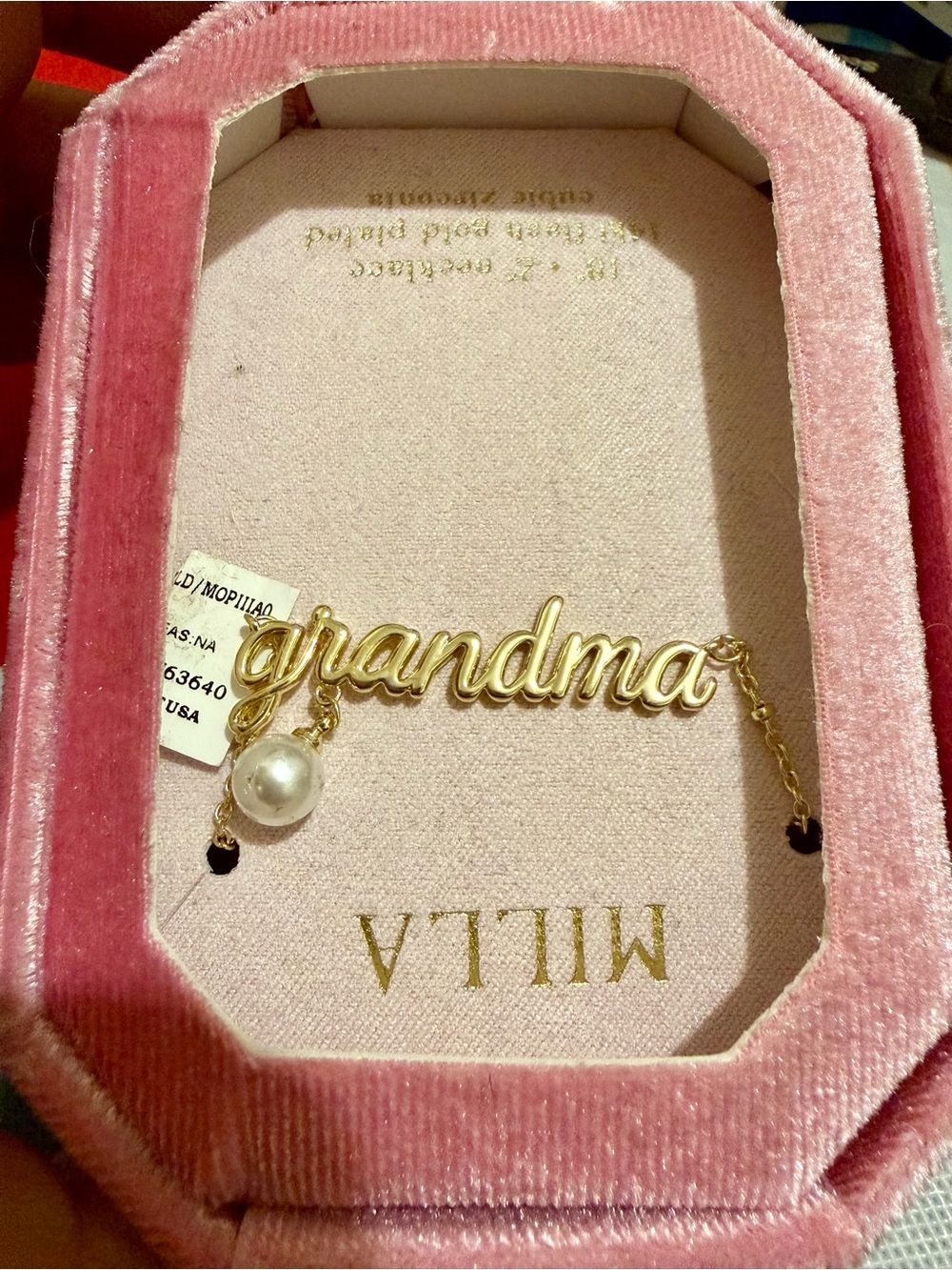 Millau 14 Kt flash Gold plated ‘grandma' Script Necklace with Pearl Accent -